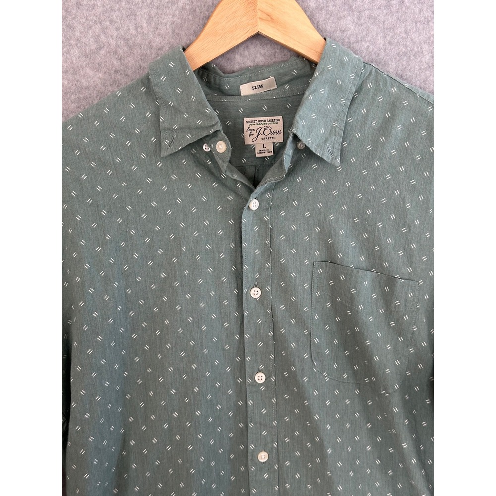 J.Crew Mens Slim Secret Wash Shirt Large Sage Green Organic Cotton Stretch Dash